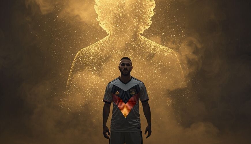 Ein Fußballspieler im neuen weißen Deutschland-Trikot mit glühendem V-Muster steht im Stadion, hinter ihm schwebt eine goldene, lockige Silhouette aus Licht und Nebel – der Geist vergangener Weltmeister.