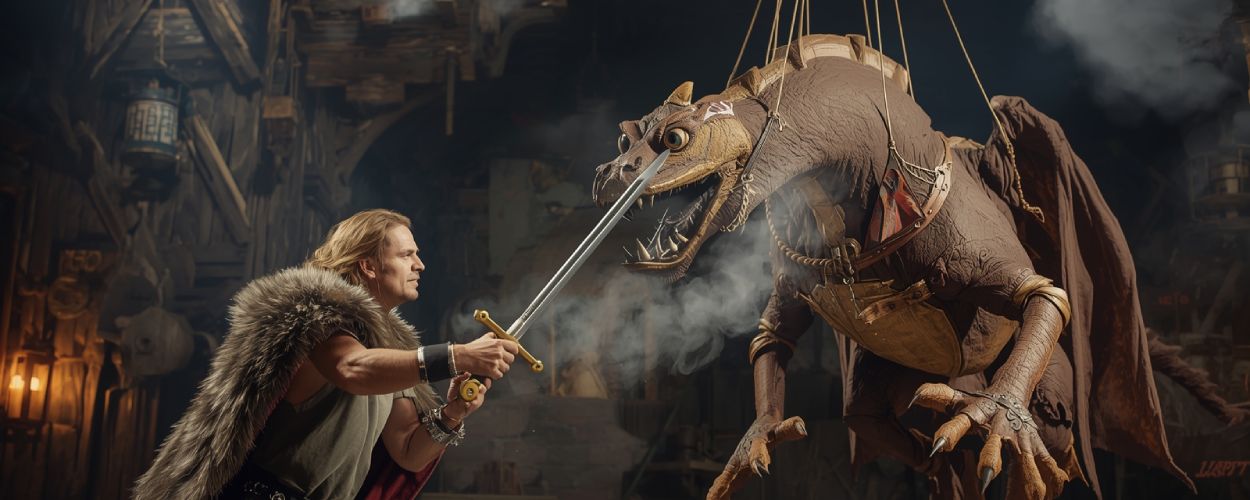 Ein muskulöser Möchtegern-Held mit Fellumhang kämpft heroisch gegen einen an Fäden hängenden Pappdrachen, der Rauch spuckt – ein episches Desaster in Cinemascope.