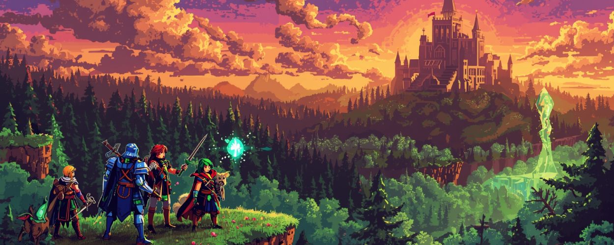 Pixelart-Fantasylandschaft mit einer Heldengruppe auf einem Felsen, die auf einen Wald und ein Schloss im Sonnenuntergang blickt; farbenprächtige Retro-Szene aus Drakantos.