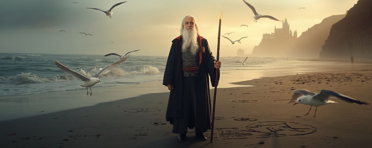 Dumbledore mit langem Bart und Stab steht am Strand, Möwen kreisen um ihn, im Hintergrund ist ein Schloss auf den Klippen zu sehen – surreale Szene aus der HBO-Neuverfilmung von Harry Potter.