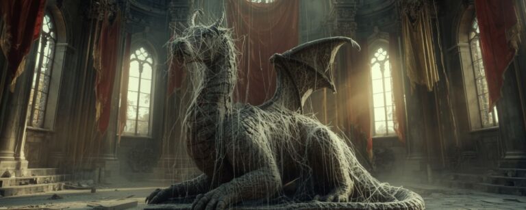 Eine verwitterte Drachenstatue ruht von Spinnweben überzogen in einer zerfallenen Halle – Sinnbild des endlosen Wartens auf Elder Scrolls 6.