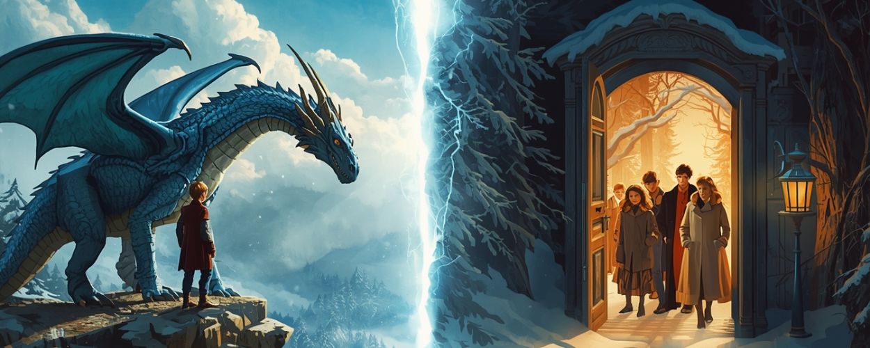 Ein junger Eragon steht mit einem blauen Drachen auf einer verschneiten Klippe, rechts davon öffnet sich in einem Winterwald eine Tür, aus der mehrere Kinder wie die Pevensie-Geschwister in ein schneebedecktes Narnia treten, getrennt durch einen leuchtenden Riss aus Magie.