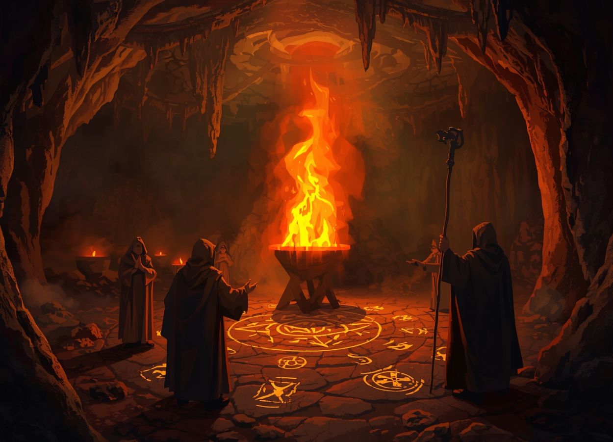 Eine düstere Höhle, erhellt von einer gigantischen Flamme, um die Kultisten in Ritualhaltung stehen. Ein Priester hebt einen Stab in die Glut.