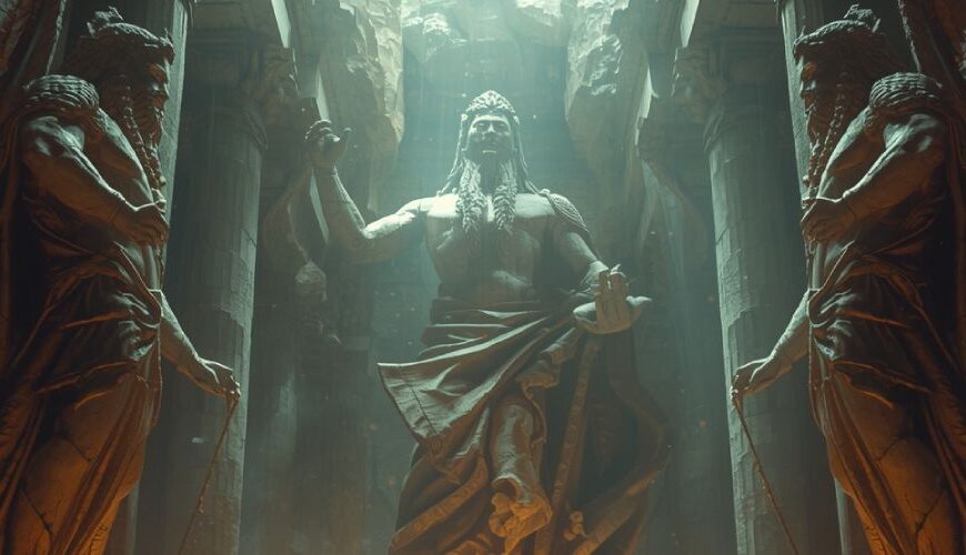 Ein riesiger Fantasietempel mit gewaltigen, rissigen Götterstatuen, die von innerem Licht durchzogen sind. Ein Sterblicher nähert sich ehrfürchtig dem Altar.