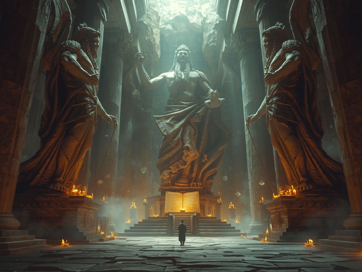 Ein riesiger Fantasietempel mit gewaltigen, rissigen Götterstatuen, die von innerem Licht durchzogen sind. Ein Sterblicher nähert sich ehrfürchtig dem Altar.