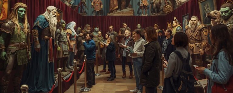 Menschen betrachten in einer Ausstellung lebensgroße Figuren von Elfen, Zwergen und Orks – Sinnbild für die klassische Völkerschau der Fantasy.