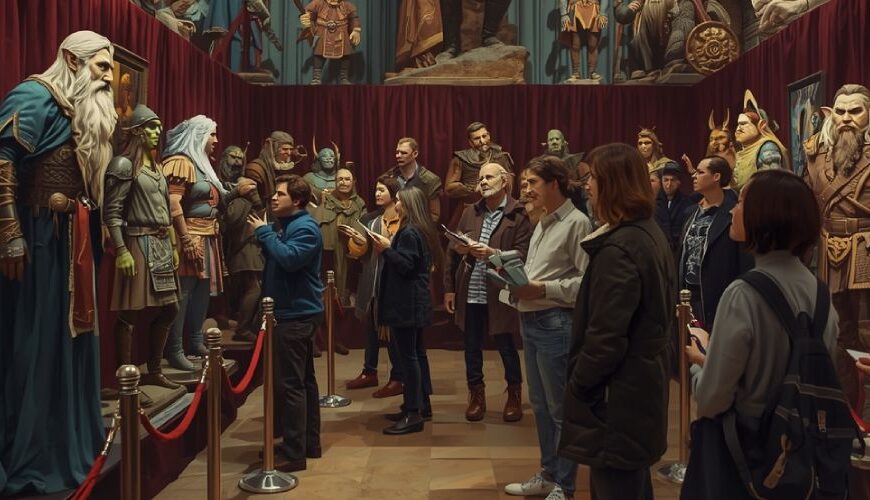 Menschen betrachten in einer Ausstellung lebensgroße Figuren von Elfen, Zwergen und Orks – Sinnbild für die klassische Völkerschau der Fantasy.