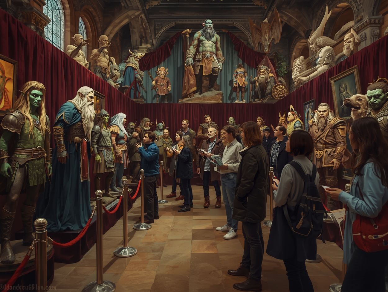 Menschen betrachten in einer Ausstellung lebensgroße Figuren von Elfen, Zwergen und Orks, Sinnbild für die klassische Völkerschau der Fantasy.