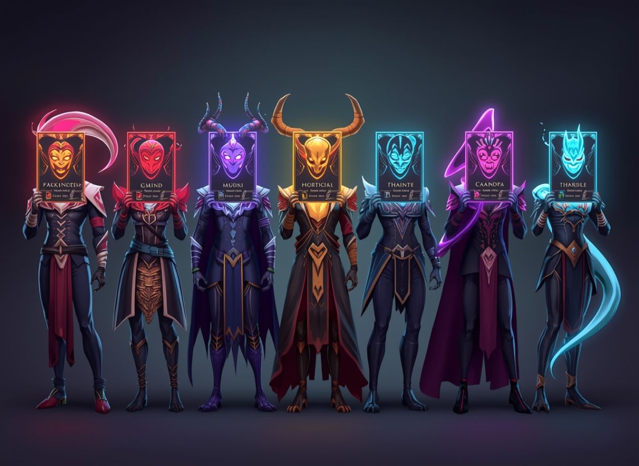 Eine Reihe von Fantasywesen hält leuchtende Identitätskarten über den Köpfen, die ungewöhnliche Eigenschaften zeigen.