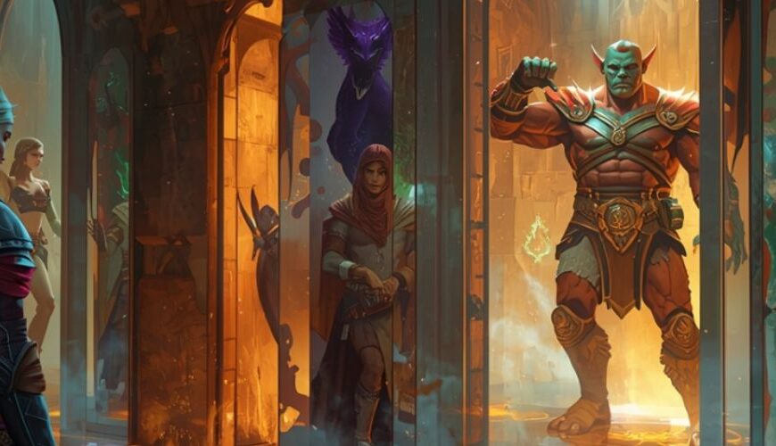 Ein Elf mit Schwert betritt eine Halle voller schimmernder Portale, in denen unterschiedliche Fantasy Gestalten erscheinen. Jedes Portal zeigt eine andere Identität, vom Krieger über den Schurken bis zur Magierin. Der Boden ist mit glühenden Kreislinien markiert, die wie Beschwörungssiegel leuchten.