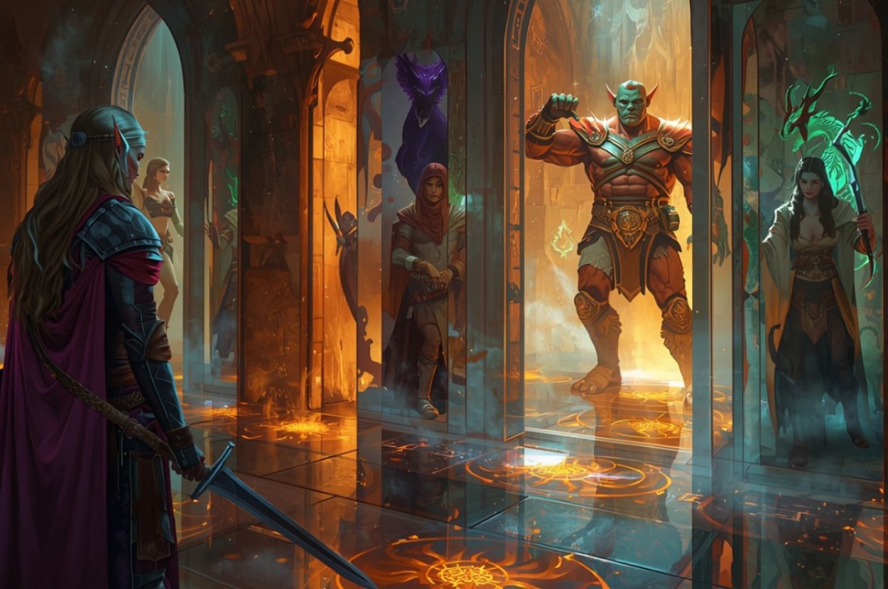Ein Elf mit Schwert betritt eine Halle voller schimmernder Portale, in denen unterschiedliche Fantasy Gestalten erscheinen. Jedes Portal zeigt eine andere Identität, vom Krieger über den Schurken bis zur Magierin. Der Boden ist mit glühenden Kreislinien markiert, die wie Beschwörungssiegel leuchten.