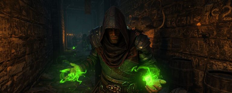 Druide in einer düsteren Ruinenhalle hebt Schwert und Zauberhand, während eine zerzauste Ratte auf seiner Schulter spricht und im Hintergrund Gegner im Halbdunkel lauern.