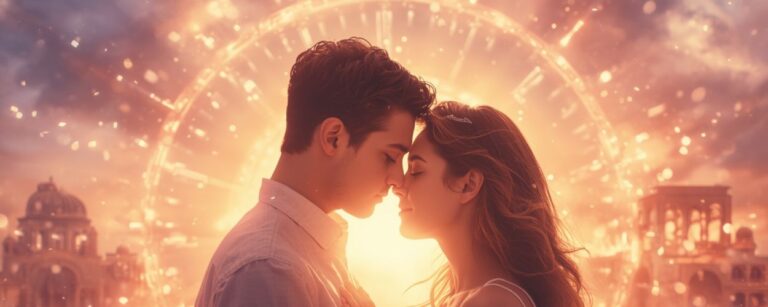 Zwei Liebende stehen im goldenen Licht eines Zeitportals, während Staub und Funken um sie tanzen – Sinnbild für die ewige Wiederkehr der Liebe im Film Forever.