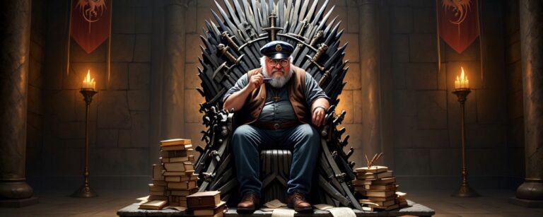 Ein älterer Mann im Kapitäns-Mütze, deutlich an George R. R. Martin angelehnt, sitzt auf dem Eisernen Thron aus Schwertern, umgeben von hohen Bücher- und Manuskriptstapeln, lose Seiten liegen über die Stufen verteilt, im Hintergrund brennen Fackeln und Targaryen-Banner hängen an den Wänden.