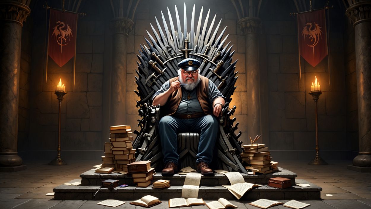 Ein älterer Mann im Kapitäns-Mütze, deutlich an George R. R. Martin angelehnt, sitzt auf dem Eisernen Thron aus Schwertern, umgeben von hohen Bücher- und Manuskriptstapeln, lose Seiten liegen über die Stufen verteilt, im Hintergrund brennen Fackeln und Targaryen-Banner hängen an den Wänden.