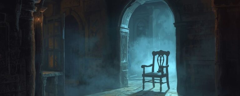 Verlassenes Gasthaus im blauen Zwielicht, Nebel zieht durch steinerne Bögen, ein einzelner Stuhl glimmt im Türrahmen – Symbol für den verfluchten Wegstein und die letzte Meile.