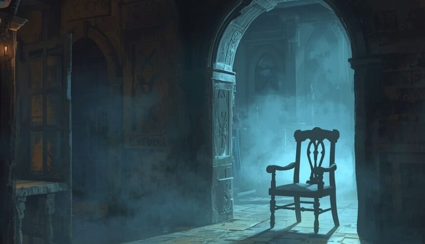 Verlassenes Gasthaus im blauen Zwielicht, Nebel zieht durch steinerne Bögen, ein einzelner Stuhl glimmt im Türrahmen – Symbol für den verfluchten Wegstein und die letzte Meile.