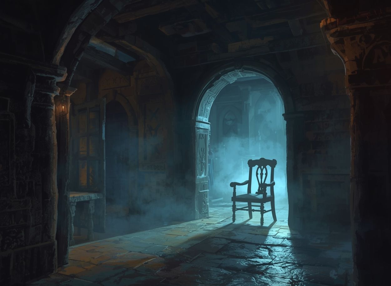Verlassenes Gasthaus im blauen Zwielicht, Nebel zieht durch steinerne Bögen, ein einzelner Stuhl glimmt im Türrahmen – Symbol für den verfluchten Wegstein und die letzte Meile.
