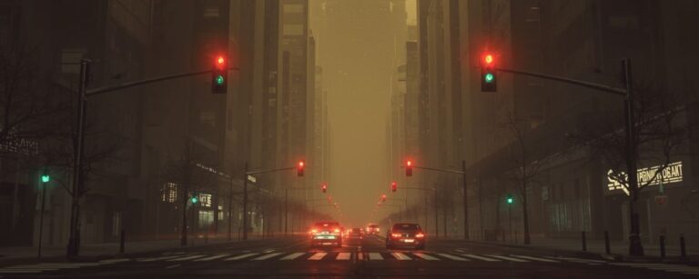 Verlassene Großstadt bei Nacht, Ampeln leuchten gleichzeitig rot und grün, wenige Autos verschwinden im Nebel. Über den Hochhäusern erhebt sich eine turmartige Struktur, halb Rechenzentrum, halb Tempel. Die Szenerie wirkt wie ein digitaler Weltuntergang – der Moment zwischen Stillstand und Erwachen.