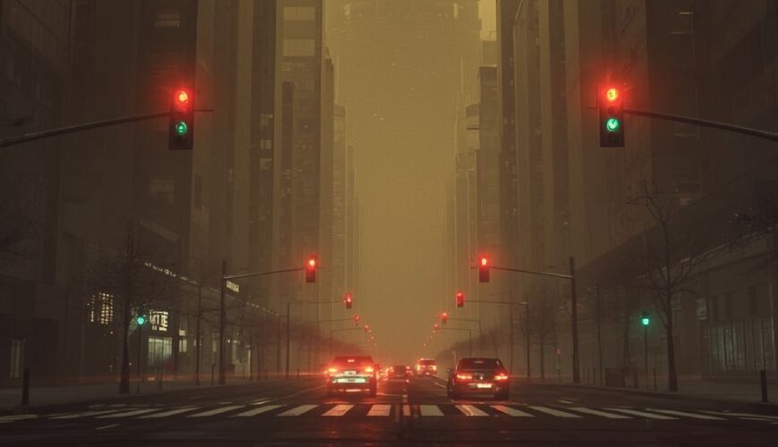 Verlassene Großstadt bei Nacht, Ampeln leuchten gleichzeitig rot und grün, wenige Autos verschwinden im Nebel. Über den Hochhäusern erhebt sich eine turmartige Struktur, halb Rechenzentrum, halb Tempel. Die Szenerie wirkt wie ein digitaler Weltuntergang – der Moment zwischen Stillstand und Erwachen.