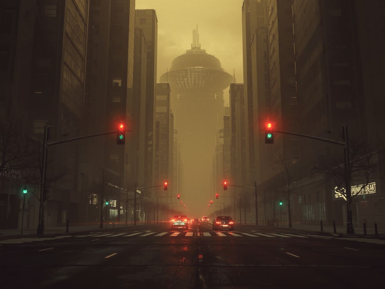 Verlassene Großstadt bei Nacht, Ampeln leuchten gleichzeitig rot und grün, wenige Autos verschwinden im Nebel. Über den Hochhäusern erhebt sich eine turmartige Struktur, halb Rechenzentrum, halb Tempel. Die Szenerie wirkt wie ein digitaler Weltuntergang – der Moment zwischen Stillstand und Erwachen.