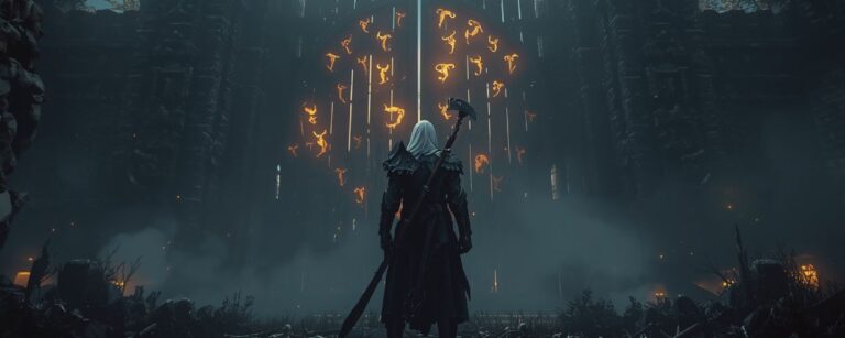 Ein dunkler Reaper-Krieger steht vor den gewaltigen Toren von Helheim, überzogen mit glühenden Runen – Nebel, Asche und nordische Magie füllen die Luft.