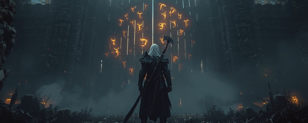 Ein dunkler Reaper-Krieger steht vor den gewaltigen Toren von Helheim, überzogen mit glühenden Runen – Nebel, Asche und nordische Magie füllen die Luft.
