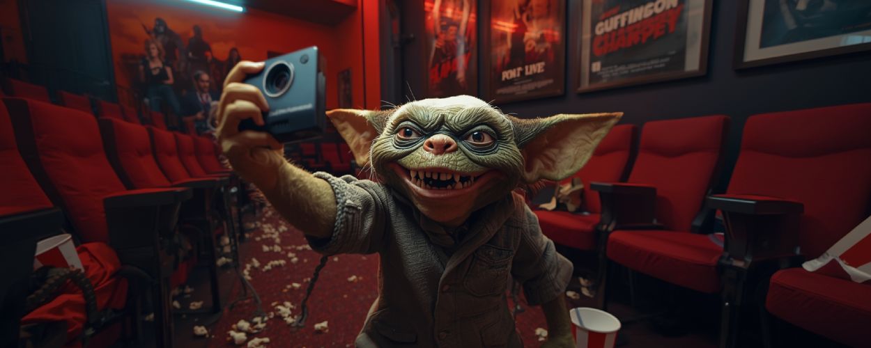 Ein frecher Gremlin macht im leeren Kino ein Selfie mit einer Polaroidkamera. Überall liegen Popcornreste, die roten Sitze leuchten im Neonlicht – pure 80er-Nostalgie.