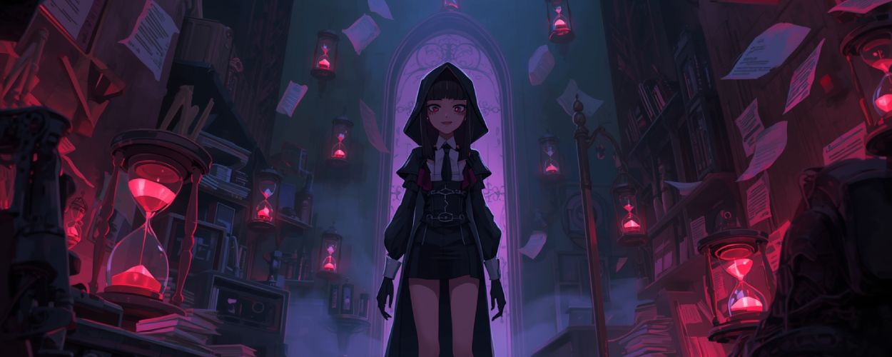 Eine junge, schwarz gekleidete Frau mit Kapuze steht in einem düsteren Büro der Unterwelt. Um sie herum schweben Dokumente und leuchtende Sanduhren, die roten Schimmer auf Bücher und Regale werfen. Die Szene erinnert an Wednesday und Love, Death & Robots – dunkel, elegant und mit sarkastischem Unterton.