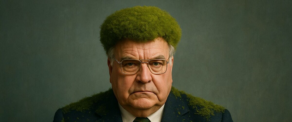 Porträt eines älteren Mannes im Anzug mit moosbewachsenem Kragen und Farnbrosche. Seine goldgeränderte Brille reflektiert grünliches Licht. Im Hintergrund die deutsche Flagge, teilweise überwachsen mit Efeu. Vor ihm ein Namensschild: Bundeskanzler H. Moos.