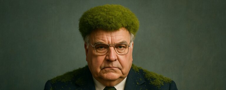 Porträt eines älteren Mannes im Anzug mit moosbewachsenem Kragen und Farnbrosche. Seine goldgeränderte Brille reflektiert grünliches Licht. Im Hintergrund die deutsche Flagge, teilweise überwachsen mit Efeu. Vor ihm ein Namensschild: Bundeskanzler H. Moos.