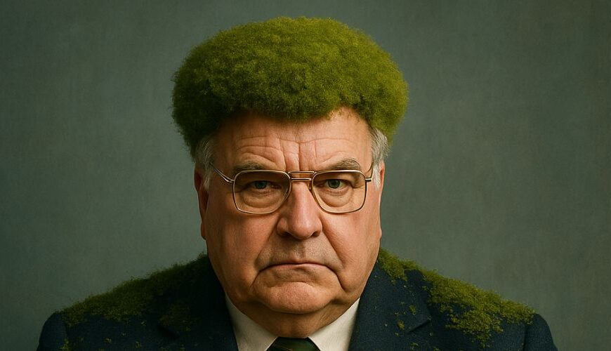 Porträt eines älteren Mannes im Anzug mit moosbewachsenem Kragen und Farnbrosche. Seine goldgeränderte Brille reflektiert grünliches Licht. Im Hintergrund die deutsche Flagge, teilweise überwachsen mit Efeu. Vor ihm ein Namensschild: Bundeskanzler H. Moos.