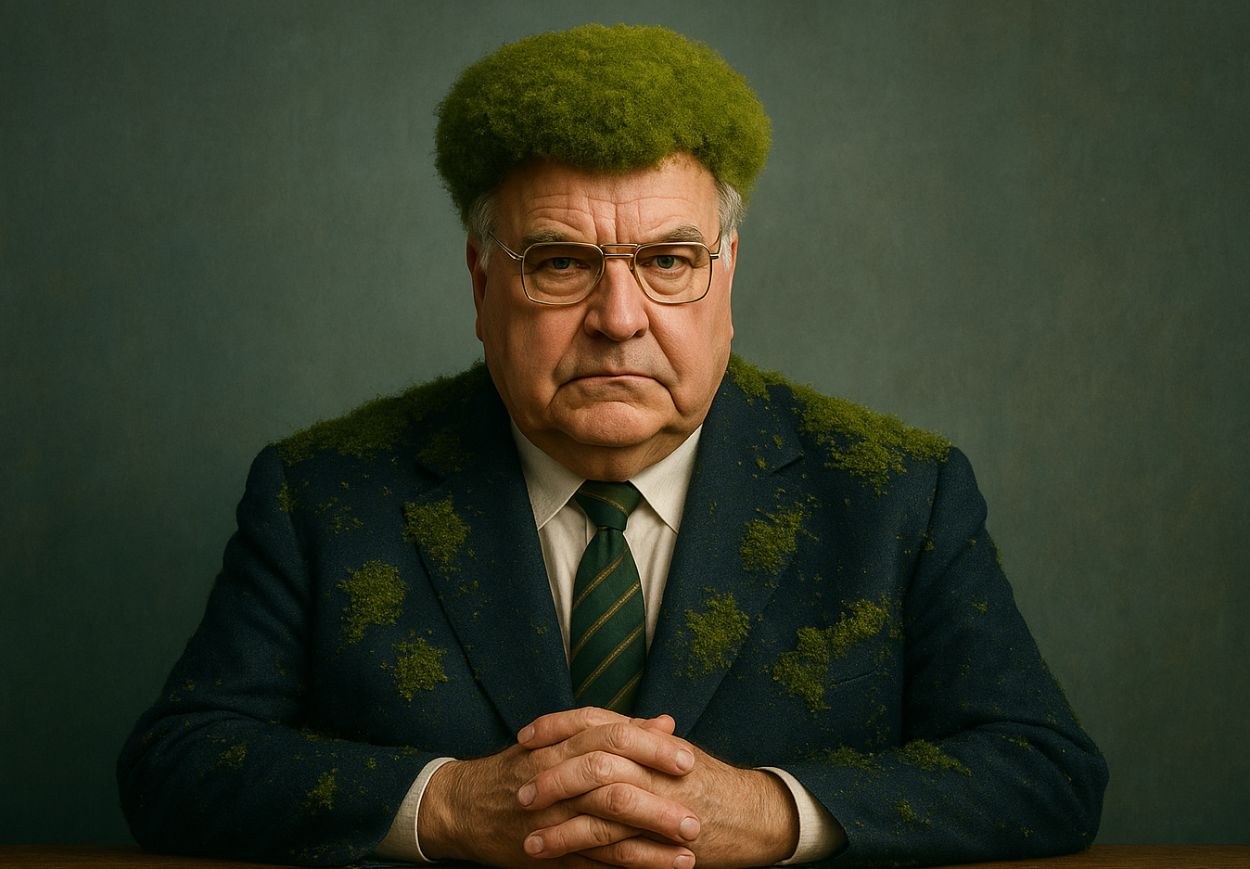 Porträt eines älteren Mannes im Anzug mit moosbewachsenem Kragen und Farnbrosche. Seine goldgeränderte Brille reflektiert grünliches Licht. Im Hintergrund die deutsche Flagge, teilweise überwachsen mit Efeu. Vor ihm ein Namensschild: Bundeskanzler H. Moos.