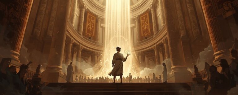 Eine römisch inspirierte Prunghalle mit Säulen und Adlersymbolen, in deren Zentrum ein junger Mann im Lichtstrahl steht und leuchtende Magie wirkt, während eine Menschenmenge im Halbdunkel zuschaut – Symbolbild für James Islingtons Hierarchy-Welt.