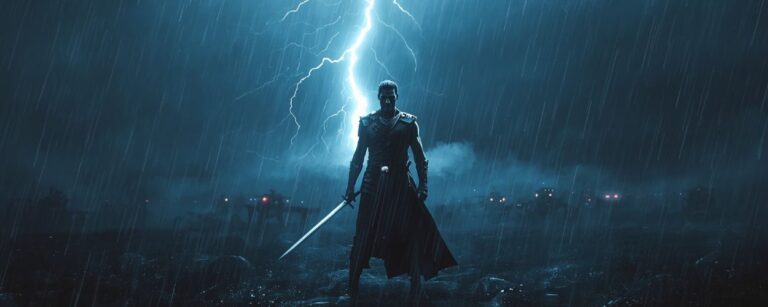 Ein Krieger steht im strömenden Regen mit erhobenem Schwert, während ein Blitz hinter ihm den Himmel spaltet – Sinnbild für das Highlander-Reboot zwischen Kult und Kitsch.