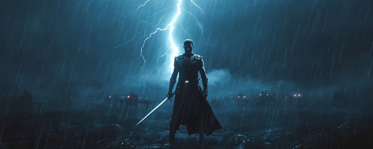 Ein Krieger steht im strömenden Regen mit erhobenem Schwert, während ein Blitz hinter ihm den Himmel spaltet – Sinnbild für das Highlander-Reboot zwischen Kult und Kitsch.