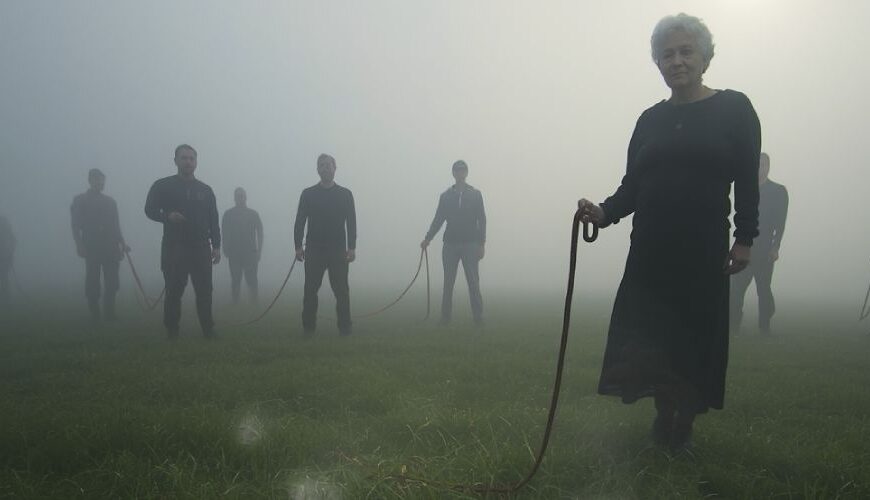 Eine ältere Frau steht auf einer nebligen Wiese und hält eine gespannte Hundeleine ohne Hund; um sie herum weitere Menschen mit leeren Leinen – im Gras dampfen unsichtbare Pfotenabdrücke.