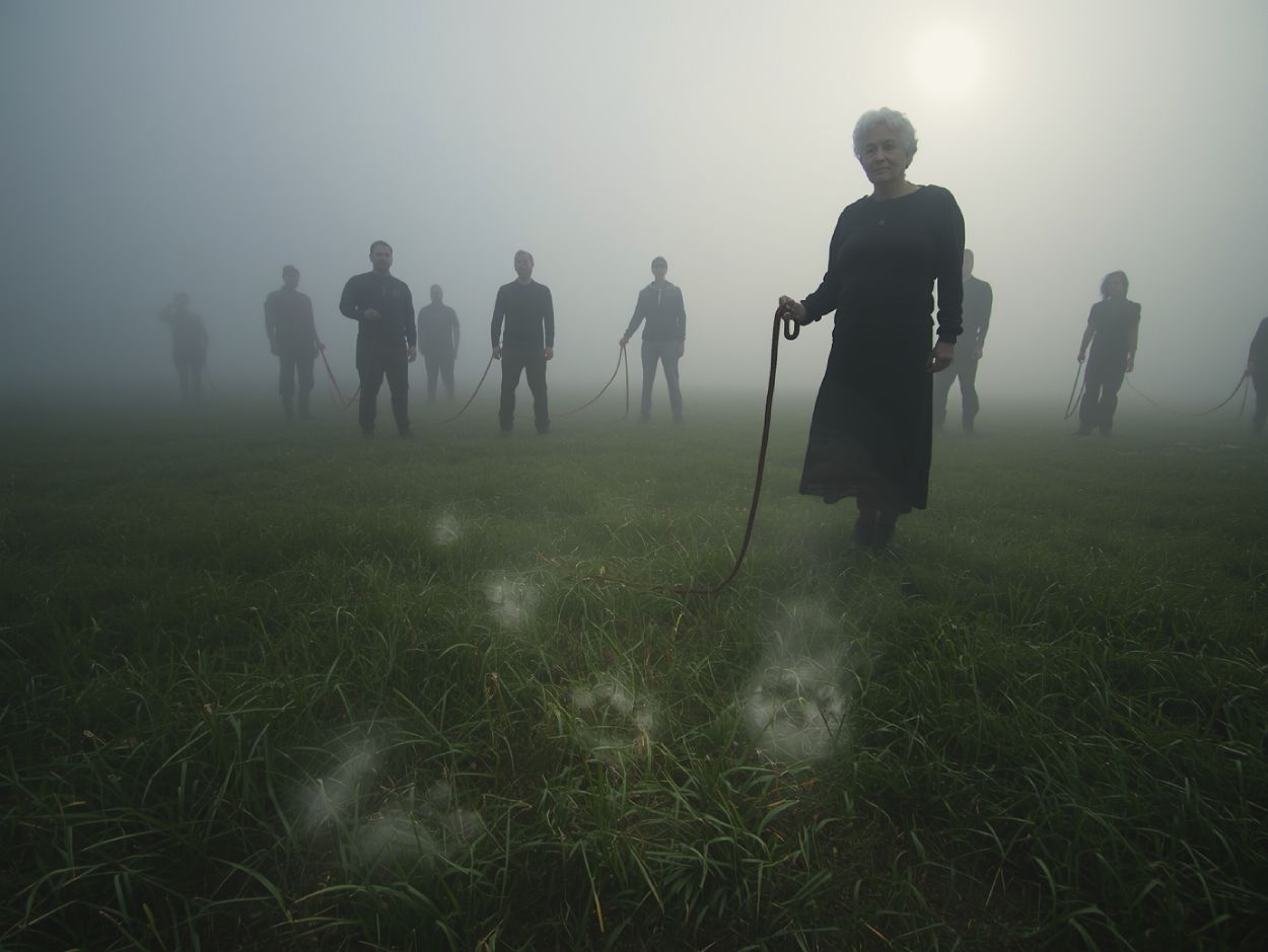 Eine ältere Frau steht auf einer nebligen Wiese und hält eine gespannte Hundeleine ohne Hund; um sie herum weitere Menschen mit leeren Leinen – im Gras dampfen unsichtbare Pfotenabdrücke.