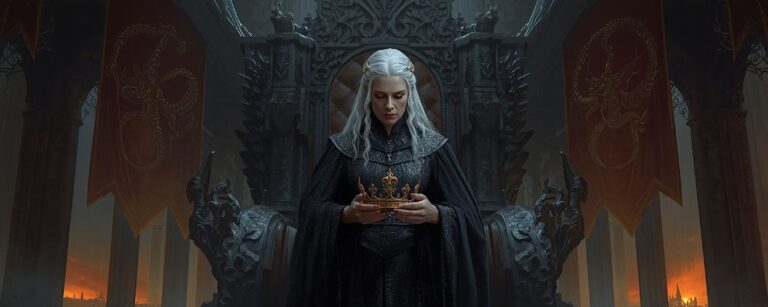 Eine silberhaarige Königin in schwarzer Rüstung steht vor einem düsteren Thron und betrachtet eine goldene Krone, während hinter ihr rote Drachenbanner hängen und eine brennende Stadt durch die Fenster glüht.