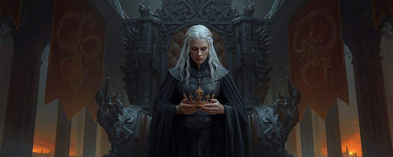 Eine silberhaarige Königin in schwarzer Rüstung steht vor einem düsteren Thron und betrachtet eine goldene Krone, während hinter ihr rote Drachenbanner hängen und eine brennende Stadt durch die Fenster glüht.