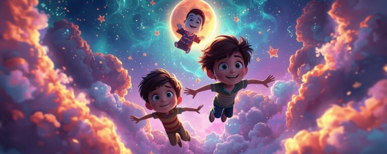 Zwei Kinder schweben mit dem Sandmann durch eine leuchtende Traumwelt voller Sterne und Fantasie – Szene aus dem neuen Netflix-Film In Your Dreams.