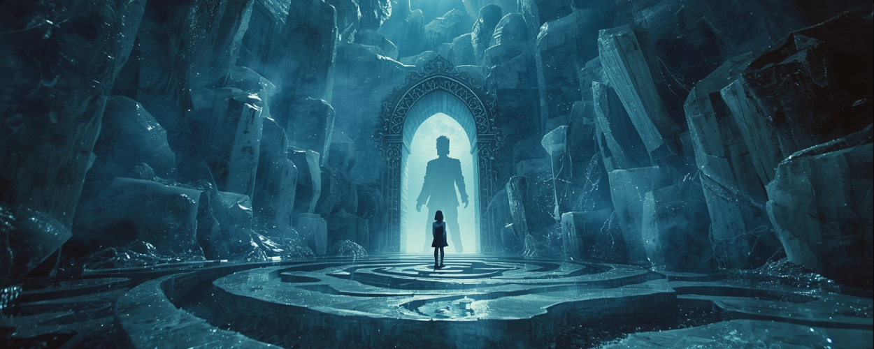 Eine junge Frau steht im kristallinen Labyrinth vor einem leuchtenden Tor, hinter dem die Silhouette des Goblinkönigs erscheint – ein neues Kapitel des magischen Kultfilms kündigt sich an.