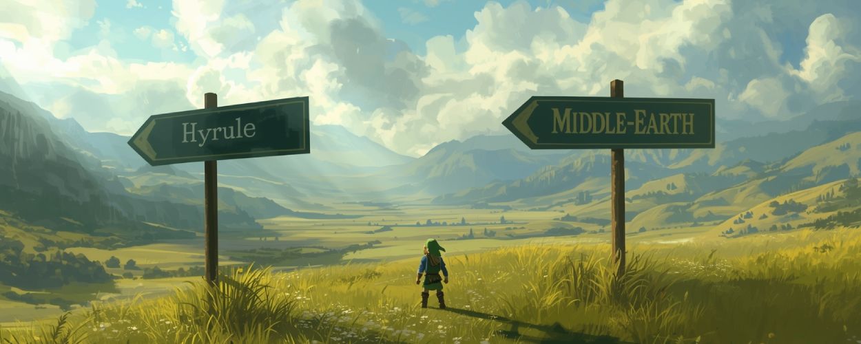Ein kleiner Held steht zwischen zwei Schildern – Hyrule nach links, Mittelerde nach rechts. Eine ironische Verbeugung vor der Fantasy-Weltendopplung.
