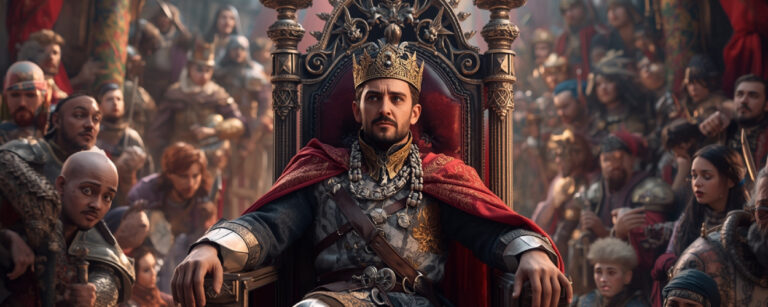 Ein prachtvoll gekleideter Prinz sitzt gelangweilt auf seinem Thron, während seine Untertanen im Hintergrund planlos durcheinanderwuseln – Sinnbild für die absurde Passivität in Lessaria: Fantasy Kingdom Sim.