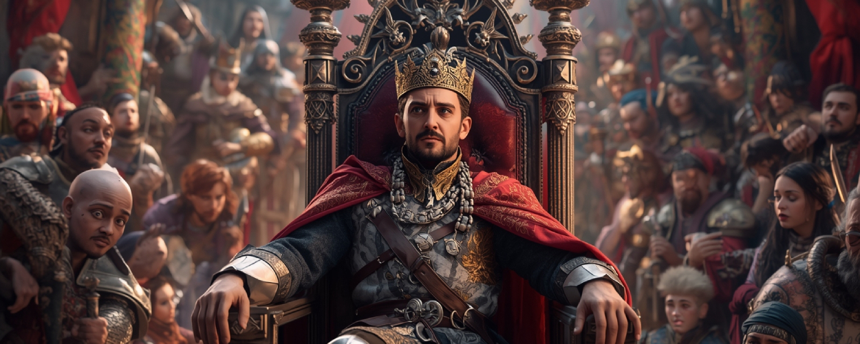 Ein prachtvoll gekleideter Prinz sitzt gelangweilt auf seinem Thron, während seine Untertanen im Hintergrund planlos durcheinanderwuseln – Sinnbild für die absurde Passivität in Lessaria: Fantasy Kingdom Sim.