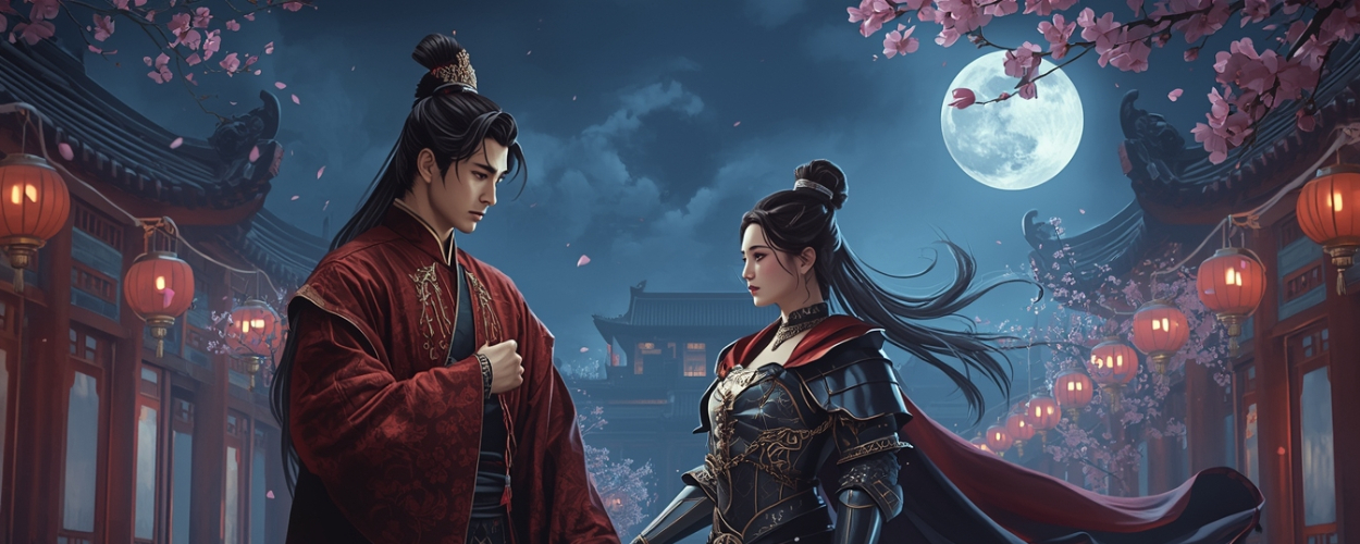 Ein junger Kaiser in roten Gewändern und eine gepanzerte Kriegerin stehen sich nachts in einem Palasthof gegenüber, umgeben von roten Laternen, Kirschblüten und einem hellen Vollmond.