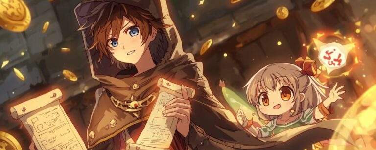 Ein junger Magier mit glühenden Schriftrollen steht neben einer listigen Fee – eine Szene aus dem kommenden Fantasy-Anime Magic Repo Man.