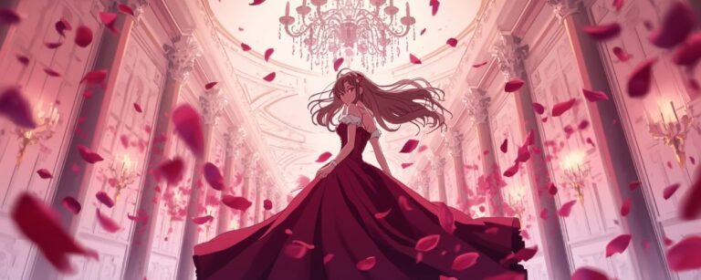 Eine elegante Frau in rotem Kleid steht in einem Ballsaal voller herabfallender Rosenblätter – Symbol für die raffinierte Rache im Palmia Church Arc von May I Ask for One Final Thing?.