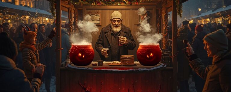 Düsteres Fantasy Motiv eines Weihnachtsmarkts am Rhein, bei dem ein Glühweinstand heimlich Dämonenblut aus einem Ritualkreis unter der Bude zapft.