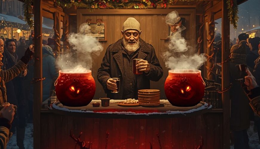 Düsteres Fantasy Motiv eines Weihnachtsmarkts am Rhein, bei dem ein Glühweinstand heimlich Dämonenblut aus einem Ritualkreis unter der Bude zapft.